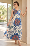 Ivory Floral Printed Viscose Muslin Midi Dress With Sleeves Fabric Separate