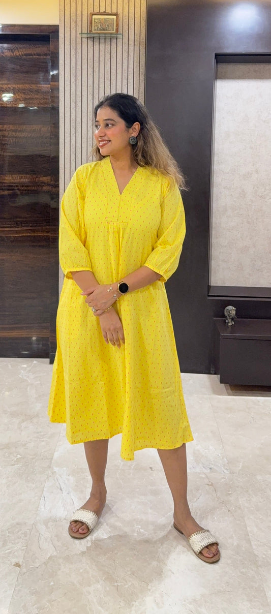 Yellow Polka Dot Weaved A-Line Kurta