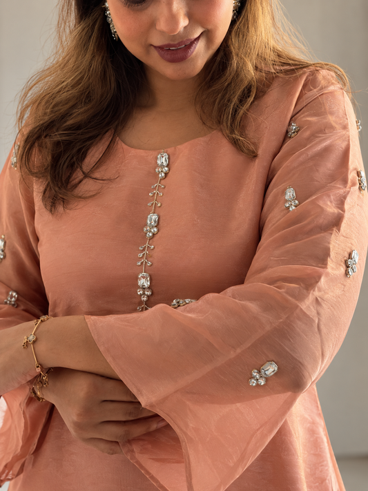 Sunset Orange Crystal Embellished Pure Tissue Co-ord Set with Flared Sleeves