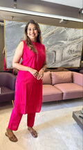 Bright Pink Sleeveless Kurti Pant Set with Pearl Detailing
