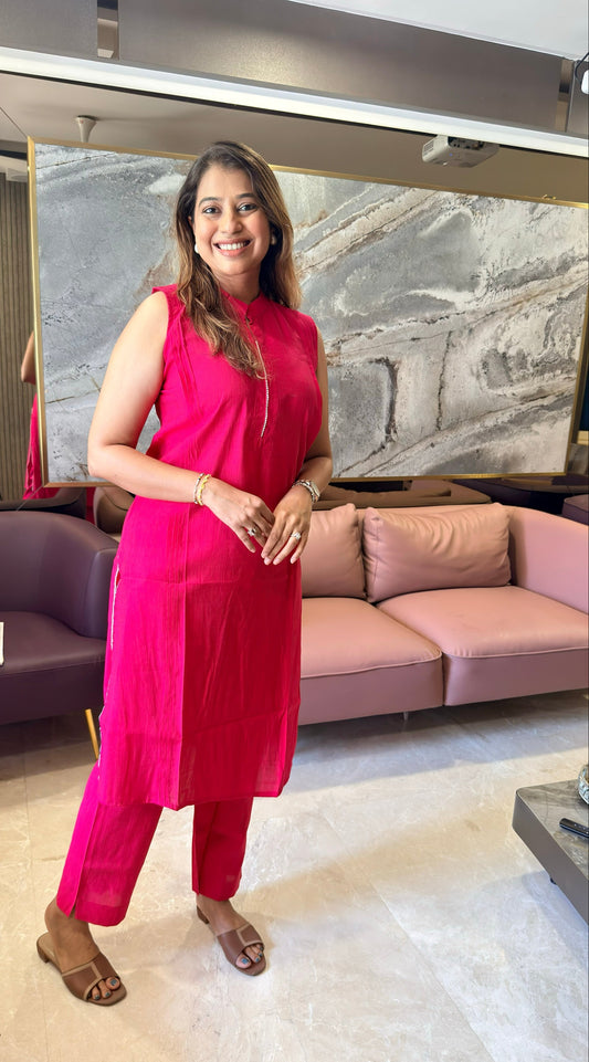 Bright Pink Sleeveless Kurti Pant Set with Pearl Detailing