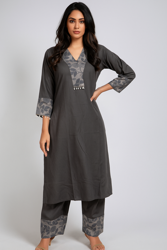 Charcoal Grey Printed Kurta Set