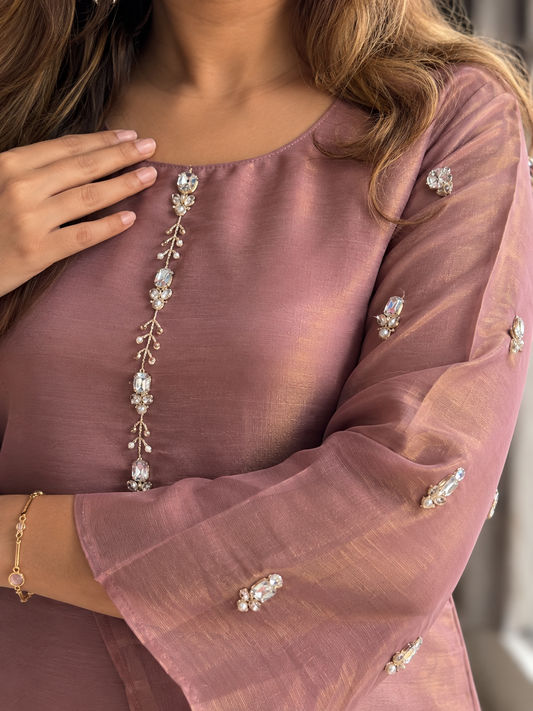 Plum Crystal Embellished Pure Tissue Co-ord Set with Flared Sleeves