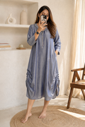 Steel Blue Kurta Dress With Pleated Sides And Embellished Neckline