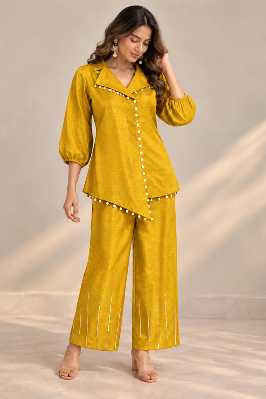 Sequin Embellished Festive Co-Ord Set - Mustard Yellow