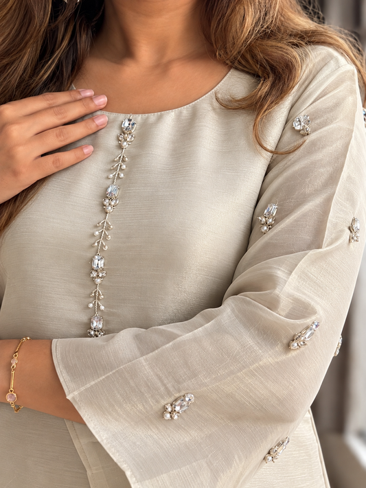 Silver Crystal Embellished Pure Tissue Co-ord Set with Flared Sleeves