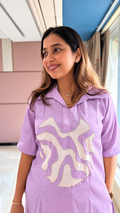 Lilac White Abstract Appliqué Co-ord Set with Wide-Leg Pants