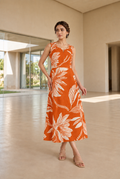 Orange Floral Printed Viscose Muslin Midi Dress With Sleeves Fabric Separate