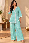 Sea Green Lace-Trim Wrap Co-ord Set with Wide-Leg Pants