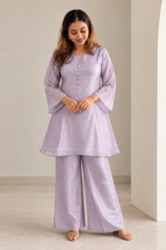 Lilac Crystal Embellished Pure Tissue Co-ord Set with Flared Sleeves