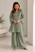 Moss Green Crystal Embellished Pure Tissue Co-ord Set with Flared Sleeves