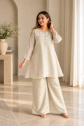 Silver Crystal Embellished Pure Tissue Co-ord Set with Flared Sleeves
