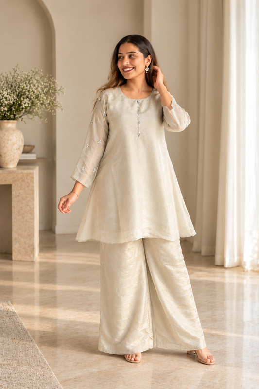 Silver Crystal Embellished Pure Tissue Co-ord Set with Flared Sleeves