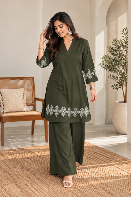 Olive Embroidered Co-ord Set with White Threadwork