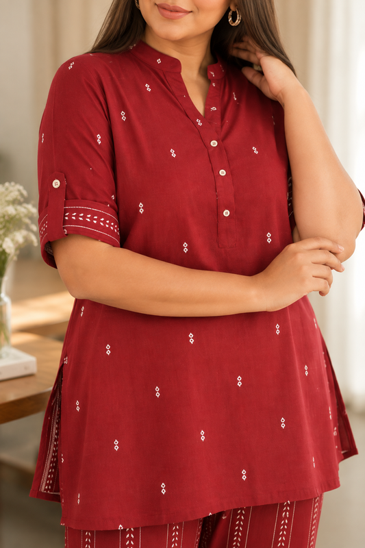 Maroon Motif Handwoven Co-ord Set with Striped Pants