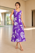 Purple Floral Printed Viscose Muslin Midi Dress With Sleeves Fabric Separate