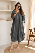 Melange Grey Kurta Dress With Pleated Sides And Embellished Neckline