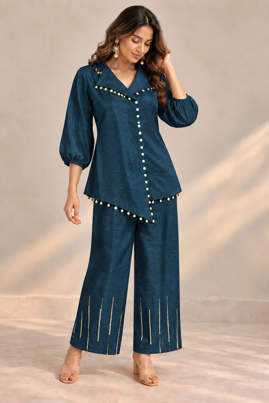 Sequin Embellished Festive Co-Ord Set - Teal Blue