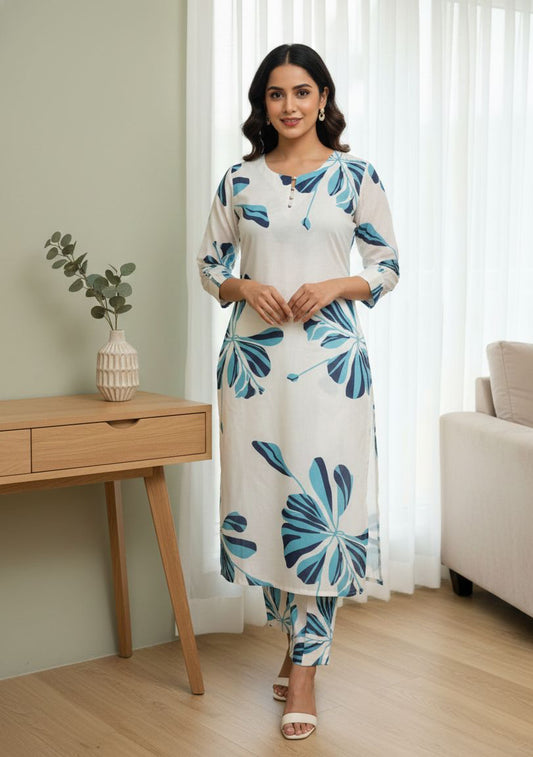Mul Chanderi Printed Kurta Set With Pearl Detailing