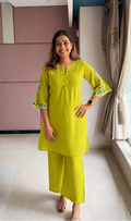 Lime Green Embroidered Sleeve Co-ord Set with Wide-Leg Pants
