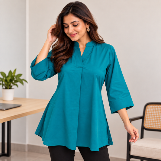 Teal Solid A-Line Everyday 100% Cotton Top