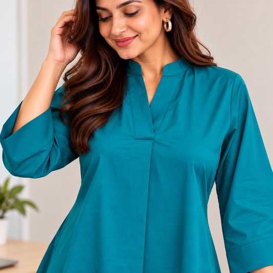 Teal Solid A-Line Everyday 100% Cotton Top