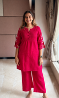 Fuchsia Pink Embroidered Sleeve Co-ord Set with Wide-Leg Pants