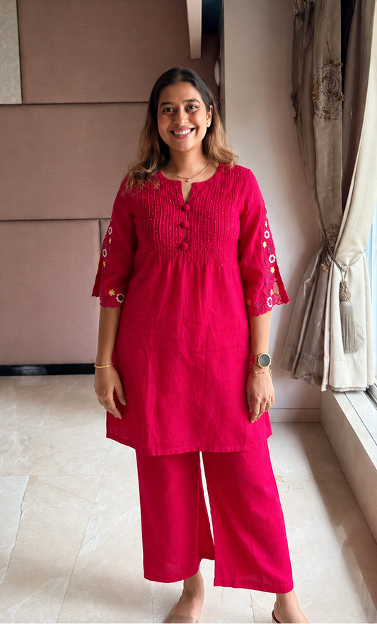 Fuchsia Pink Embroidered Sleeve Co-ord Set with Wide-Leg Pants