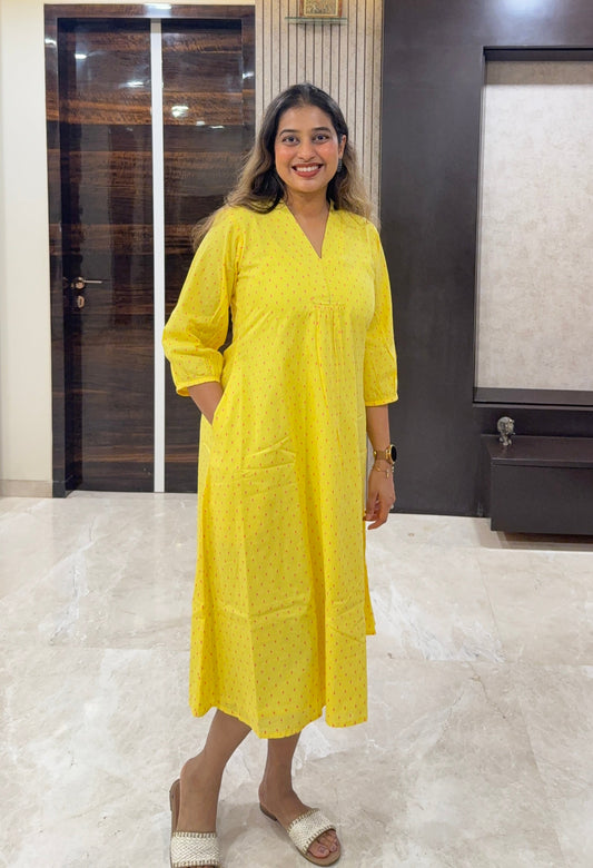 Yellow Polka Dot Weaved A-Line Kurta