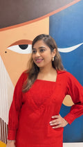 Red Crushed Cotton Kurti Set With Smocked Neckline