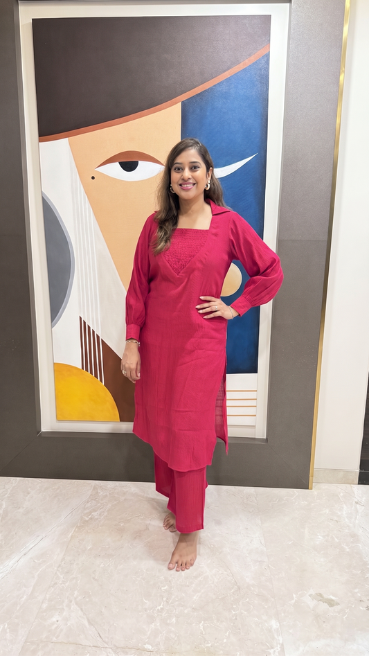 Hot Pink Crushed Cotton Kurti Set With Smocked Neckline