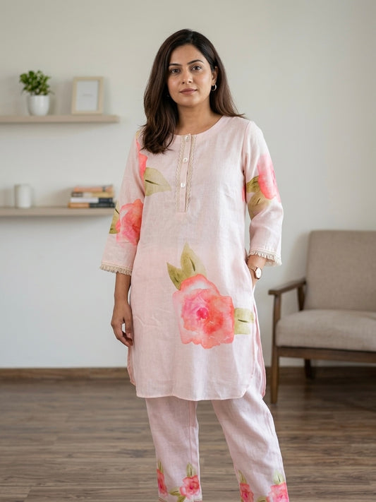 Baby Pink Floral Printed Linen Co-ord Set