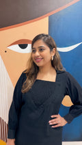 Black Crushed Cotton Kurti Set With Smocked Neckline