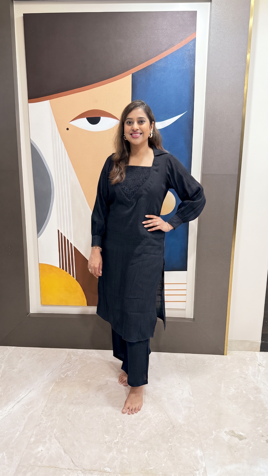 Black Crushed Cotton Kurti Set With Smocked Neckline