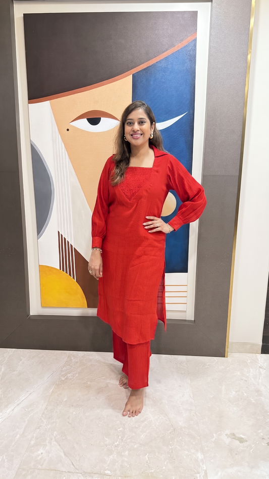 Red Crushed Cotton Kurti Set With Smocked Neckline