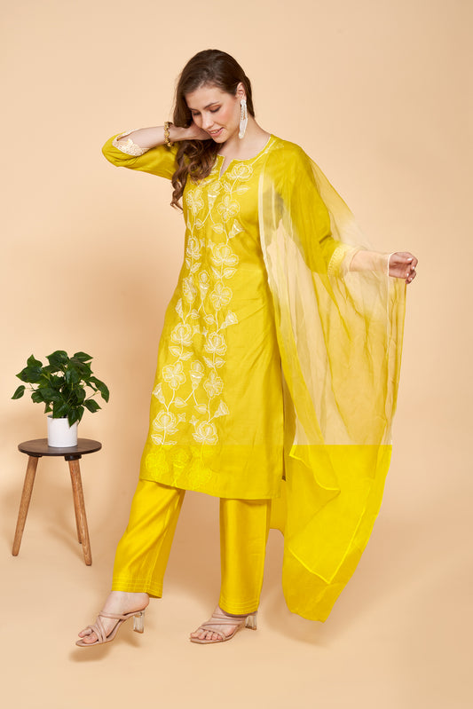 Embroidered Suit Set With Shaded Dupatta