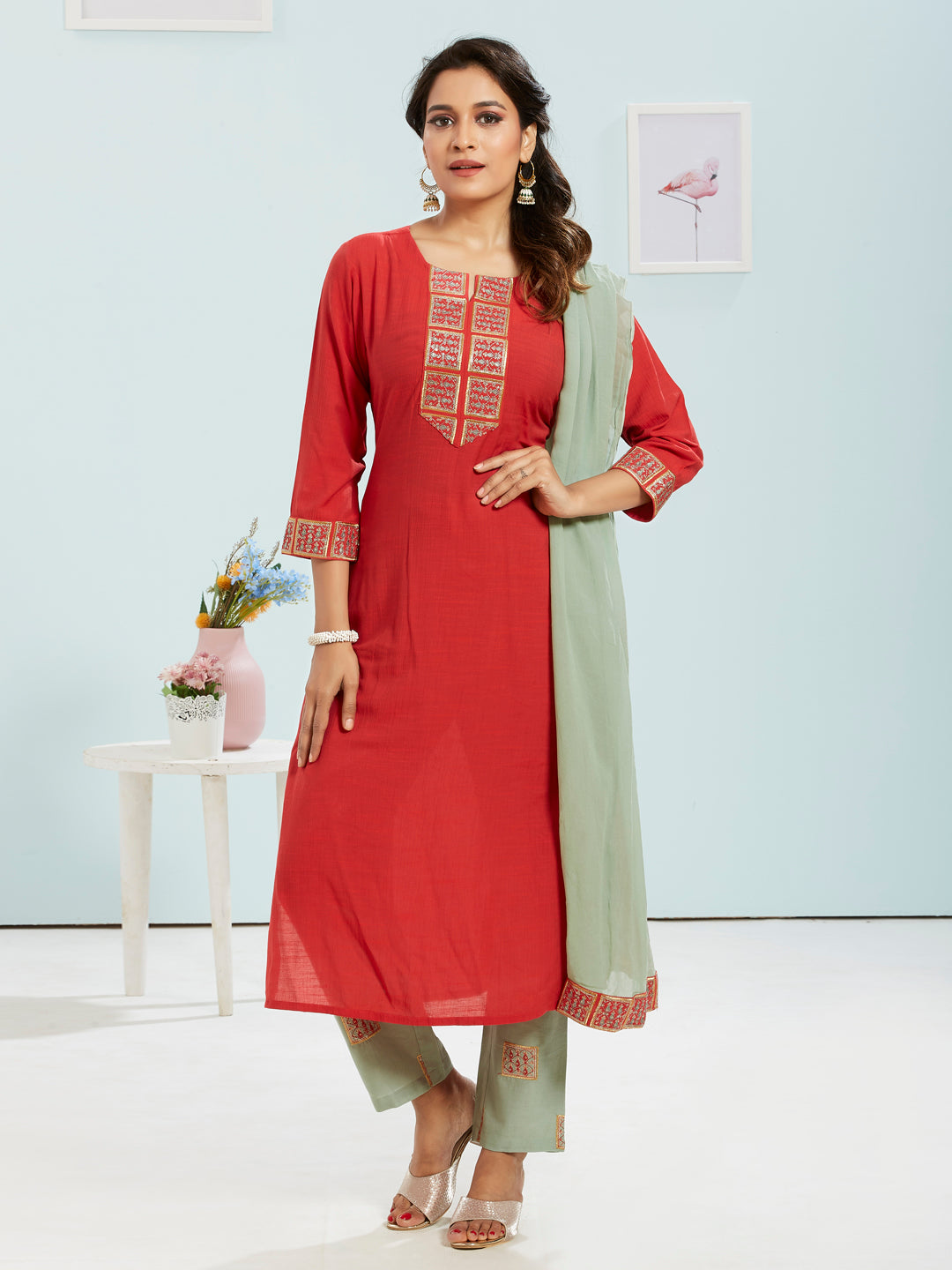 Red Colour Kurti Set With Dupatta