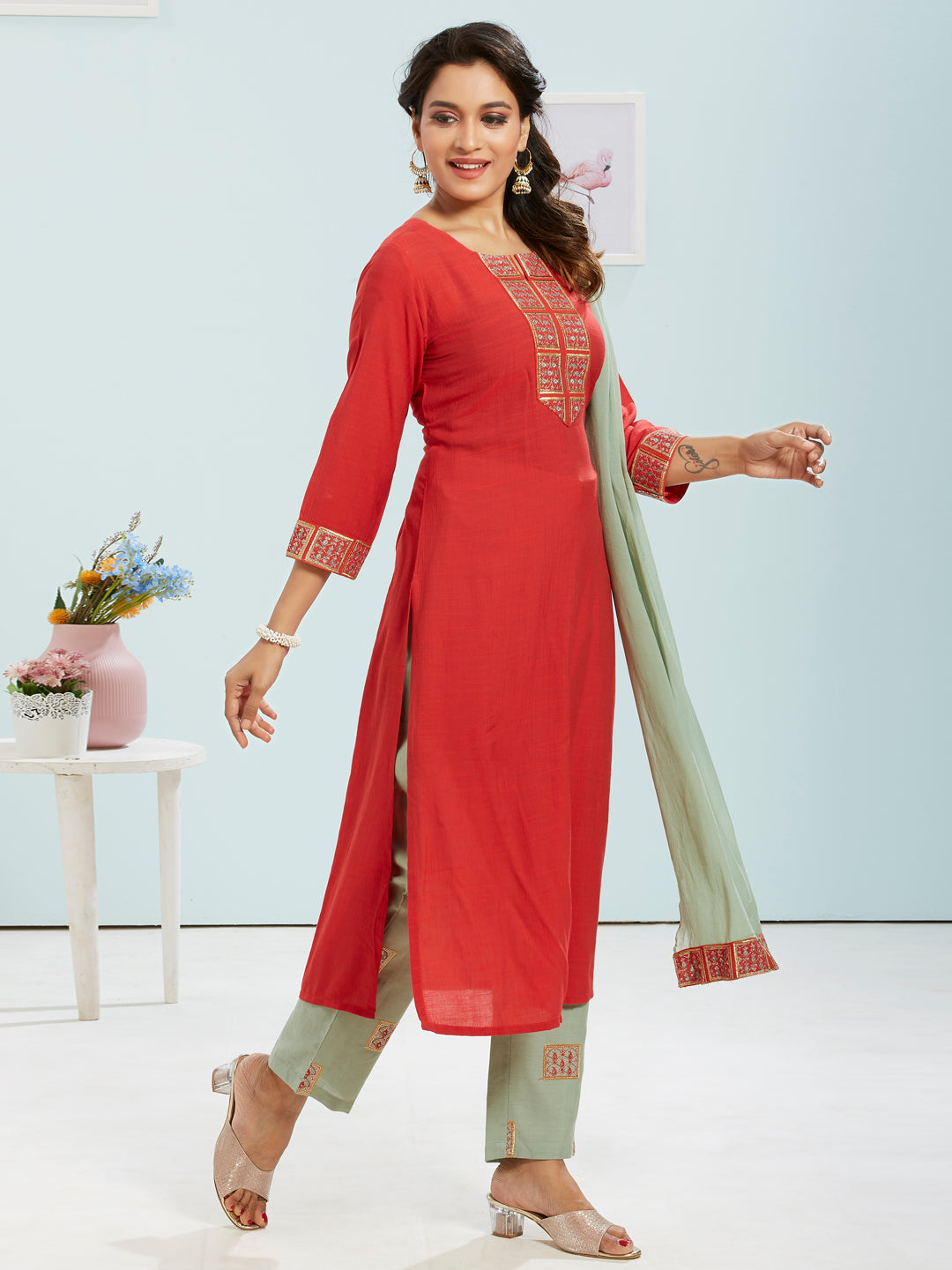 Red Colour Kurti Set With Dupatta