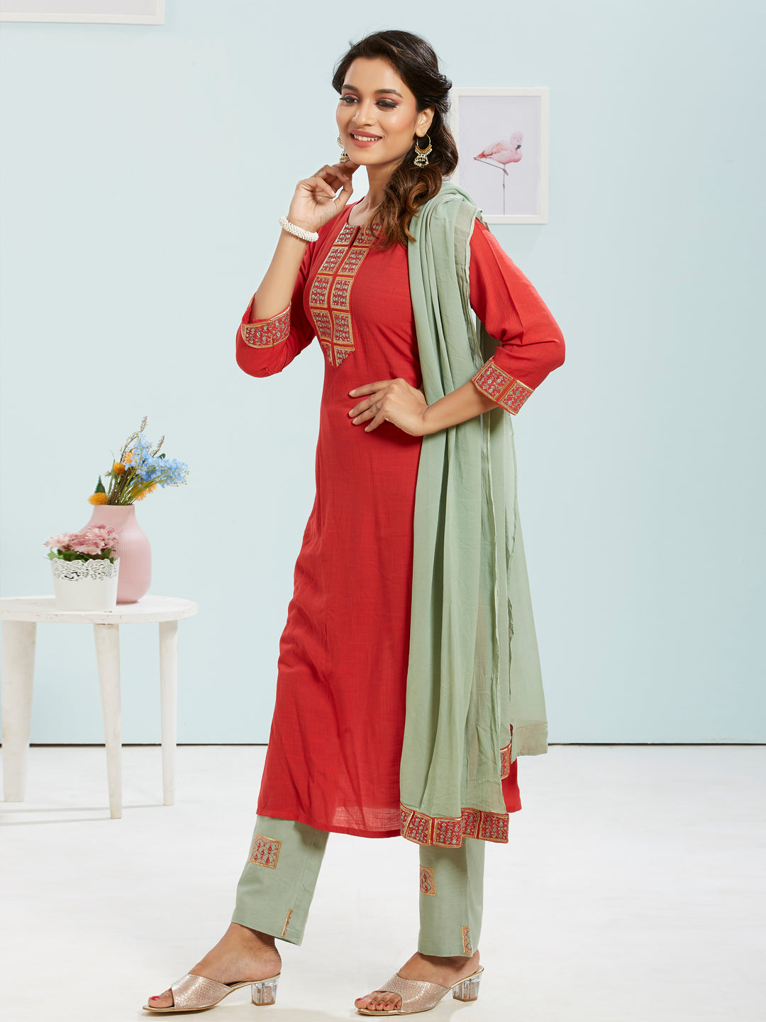 Red Colour Kurti Set With Dupatta