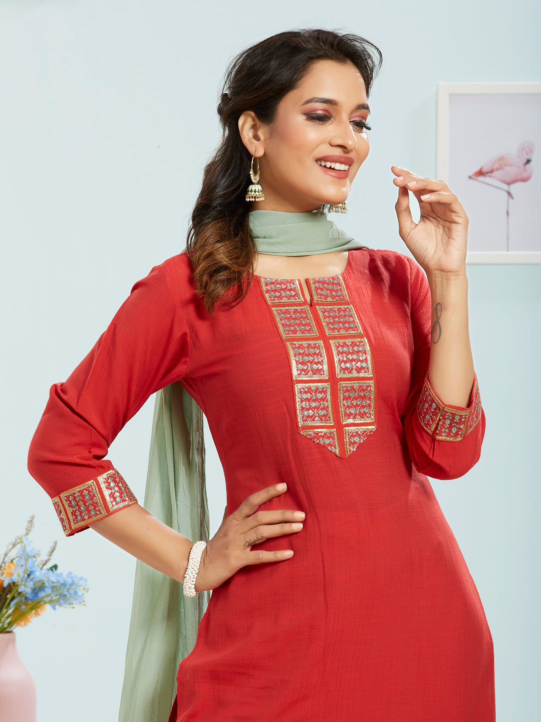 Red Colour Kurti Set With Dupatta