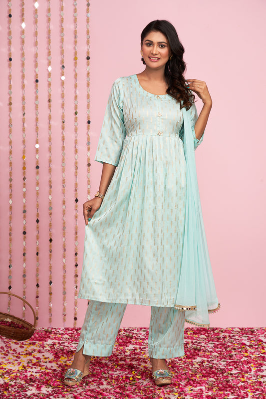 Foil Printed Anarkali Kurti Palazzo Set With Dupatta