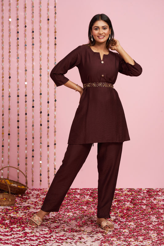 A-line Kurti Set With Embellished Details Belt