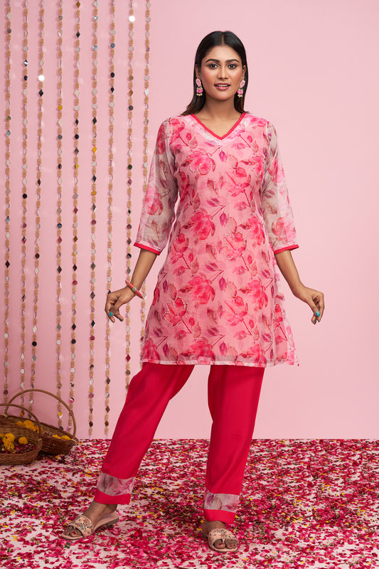 Floral Printed Organza Kurti Set