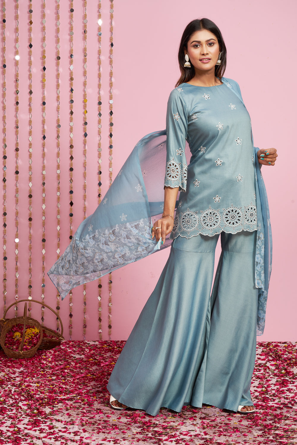 Cutwork Gharara Set With Printed Dupatta