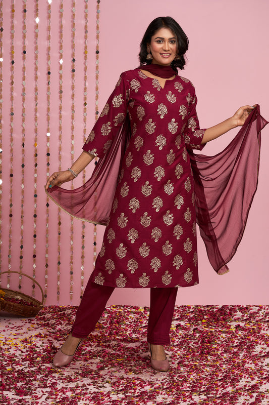 Foil Printed Kurti Set With Dupatta