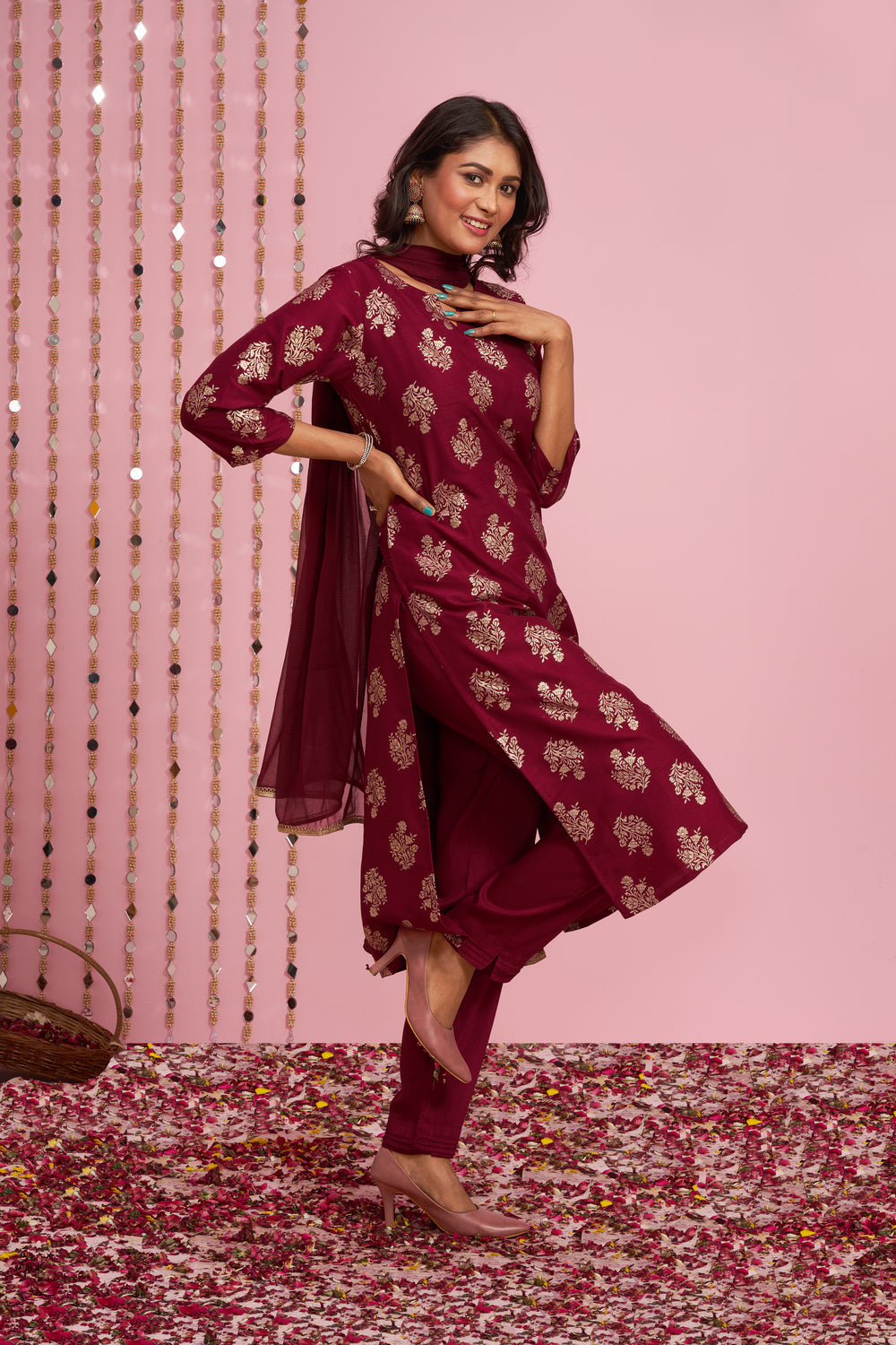 Foil Printed Kurti Set With Dupatta