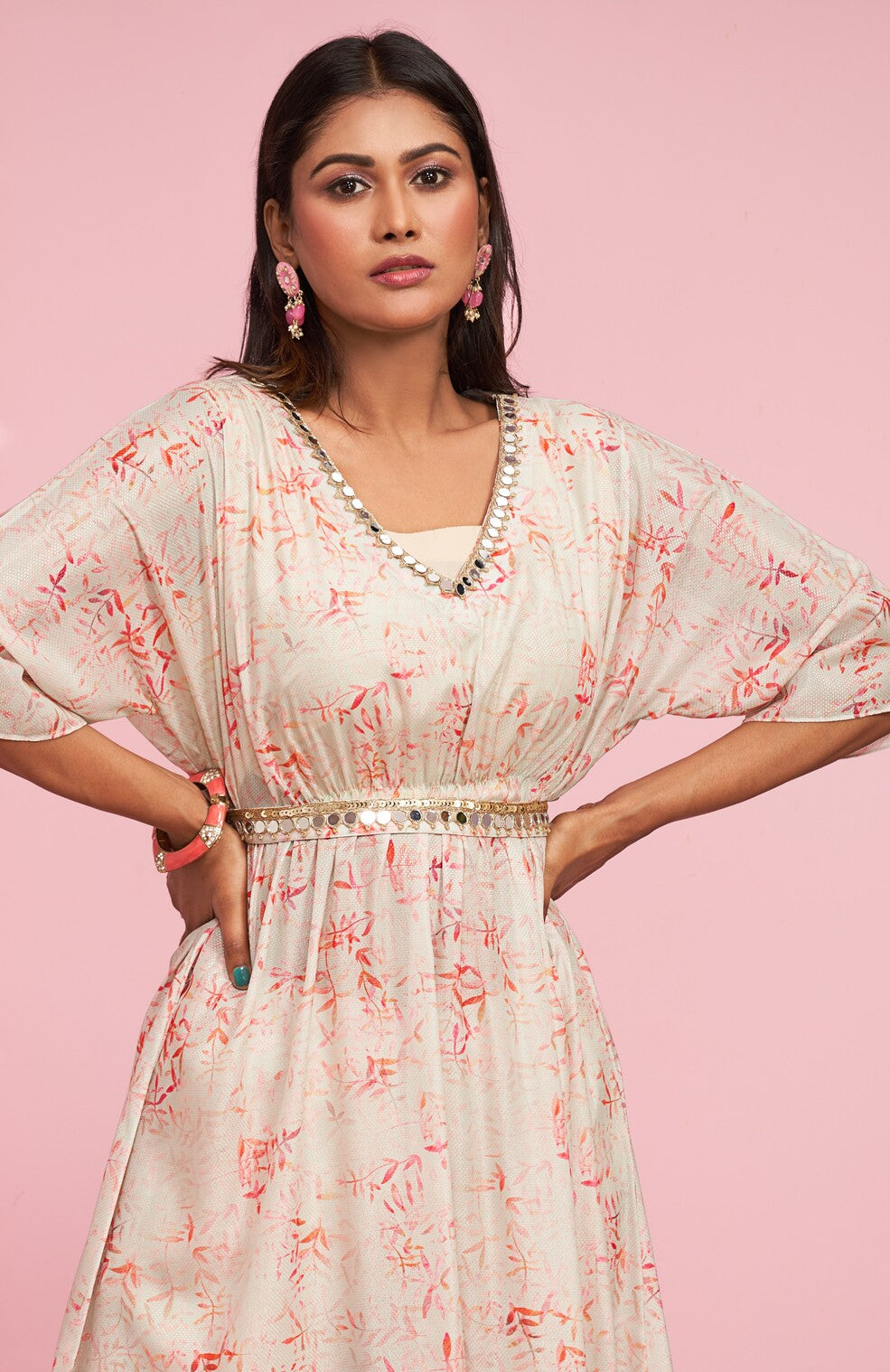 Mirror Lace Details Printed Kurti Set With Belt