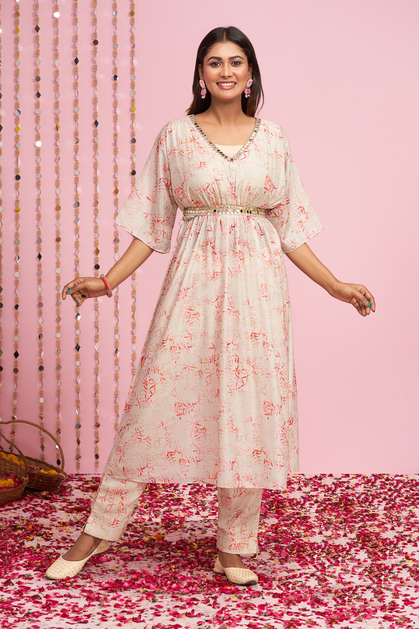 Mirror Lace Details Printed Kurti Set With Belt