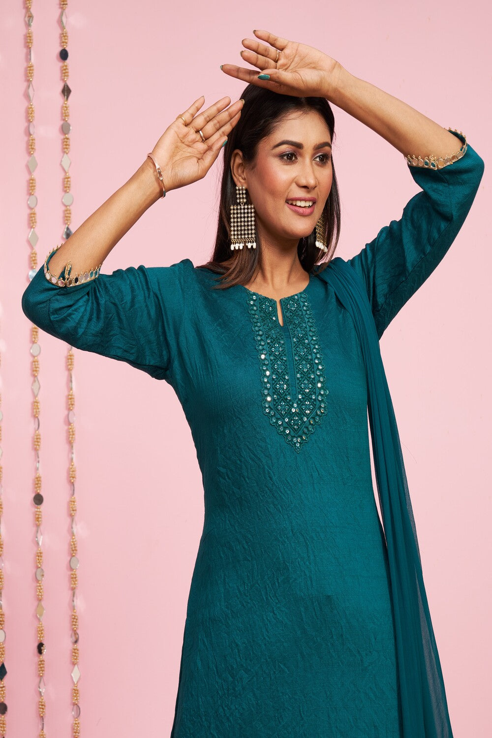 Lace Mirror Details Kurti Set With Dupatta