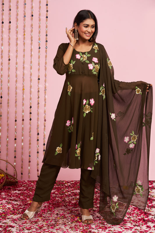 Floral Hand Painted Kurti Set With Dupatta